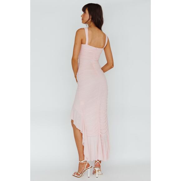 HERE COMES THE SUN Jozelle Ruffle Hem Midi Dress Powder Pink Women’s Sz L - NWT - Picture 2 of 13